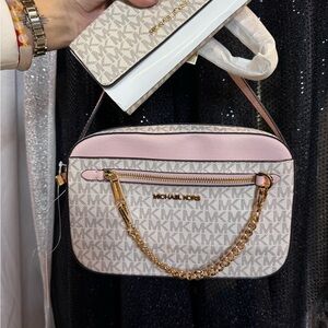 Michael Kors Pink and Beige Logo Shoulder Bag with matching wallet -SET